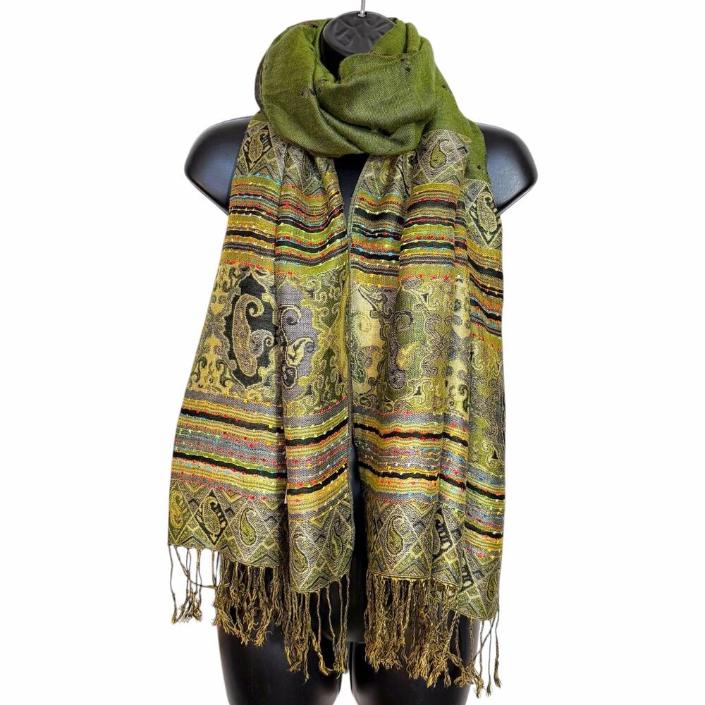 Silk Blend Paisley Pashmina Scarf Shawl Wrap Green Fringe Boho Festival Oversize